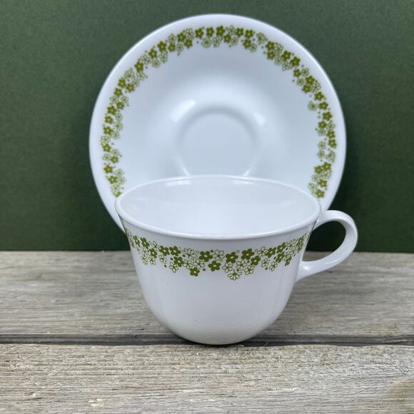 Vintage Corelle Spring Blossom Teacup And Saucer Crazy Daisy Green Flowers - Picture 6 of 8